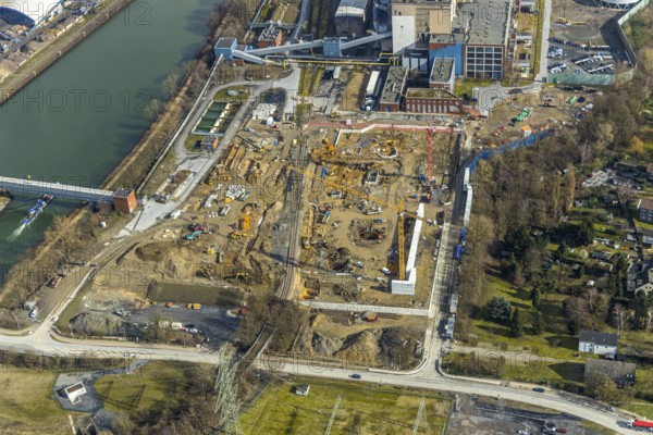 Aerial view, new construction of a gas and steam turbine power plant of STEAG at the coal-fired thermal power station, Herne, Ruhr area, North Rhine-Westphalia, Germany, DE, Europe, birds-eyes, view, aerial photograph, aerial photography, aerial photography, overview, overview, bird's eye view, energy, wind energy, power plant, electricity, power supply, electricity generation, power generation