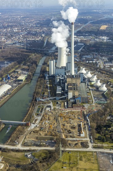 Aerial view, new construction of a gas and steam turbine power plant of STEAG at the coal-fired thermal power station, Herne, Ruhr area, North Rhine-Westphalia, Germany, DE, Europe, birds-eyes, view, aerial photograph, aerial photography, aerial photography, overview, overview, bird's eye view, energy, wind energy, power plant, electricity, power supply, electricity generation, power generation, heating, heat generation