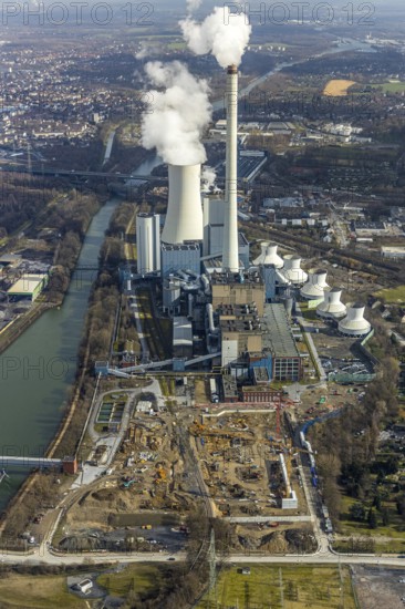 Aerial view, new construction of a gas and steam turbine power plant of STEAG at the coal-fired thermal power station, Herne, Ruhr area, North Rhine-Westphalia, Germany, DE, Europe, birds-eyes, view, aerial photograph, aerial photography, aerial photography, overview, overview, bird's eye view, energy, wind energy, power plant, electricity, power supply, electricity generation, power generation, heating, heat generation