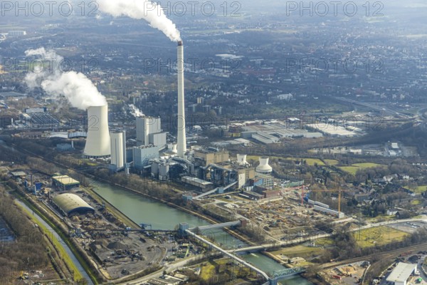 Aerial view, new construction of a gas and steam turbine power plant of STEAG at the coal-fired thermal power station, Herne, Ruhr area, North Rhine-Westphalia, Germany, DE, Europe, birds-eyes, view, aerial photograph, aerial photography, aerial photography, overview, overview, bird's eye view, energy, wind energy, power plant, electricity, power supply, electricity generation, power generation, heating, heat generation