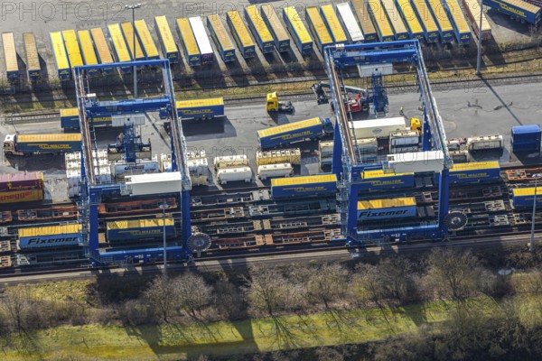 Aerial view, Container Terminal CTH between Emscher and Rhine-Herne Canal, Herne, Ruhr area, North Rhine-Westphalia, Germany, DE, Europe, birds-eyes, view, aerial photography, aerial photography, overview, bird's eye view, container, logistics, goods handling, transport, waterway, shipping, goods movement, ships, waters