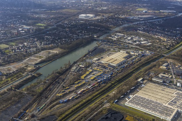 Aerial view, Rhine-Herne-Canal with coal storage, container terminal CTH, industrial area between canal and motorway A42, Herne, Ruhr area, North Rhine-Westphalia, Germany, DE, Europe, birds-eyes, view, aerial photography, aerial photography, overview, bird's eye view, waterway, shipping traffic, transport, logistics, goods movement, ships, waters, traffic, infrastructure, road traffic