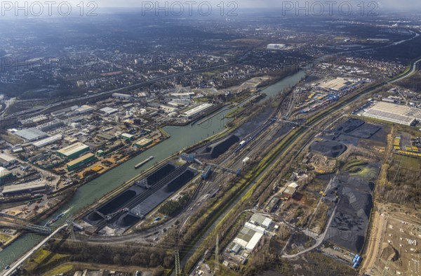 Aerial view, Rhine-Herne-Canal with coal storage, container terminal CTH, industrial area between canal and motorway A42, Herne, Ruhr area, North Rhine-Westphalia, Germany, DE, Europe, birds-eyes, view, aerial photography, aerial photography, overview, bird's eye view, waterway, shipping traffic, transport, logistics, goods movement, ships, waters, traffic, infrastructure, road traffic