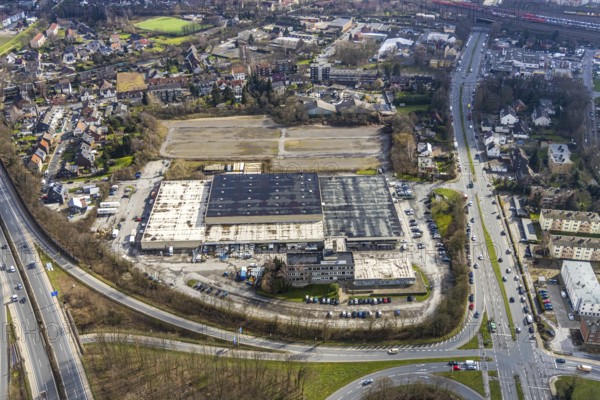 Aerial view, area at the motorway A42 junction AS20 Herne-Crange, former location of refugee homes, Monza Indoor Kart GmbH, McFIT Fitnessstudio Herne, Ruhr area, North Rhine-Westphalia, Germany, Herne, DE, Europe, birds-eyes, view, aerial view, aerial photography, aerial photography, overview, bird's eye view, transport, traffic, infrastructure, logistics, road traffic
