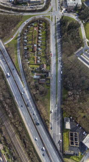 Aerial view, allotment garden association Eigene Scholle between federal road B226 Dorstener Straße and motorway A42, Herne, Ruhr area, North Rhine-Westphalia, Germany, DE, Europe, birds-eyes, view, aerial photograph, aerial photography, aerial photography, overview, overview, bird's eye view, garden, plants, flowers, fruits, crops, fruit, vegetables, recreation, leisure, nature