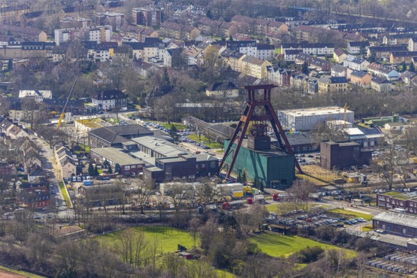 Aerial view, industrial area, former coal mine, double trestle winding tower of the former Pluto colliery in Wanne-Eickel, Herne, Ruhr area, North Rhine-Westphalia, Germany, DE, Europe, birds-eyes, view, aerial photography, aerial photography, overview, overview, bird's eye view, former, industry, industrial culture, industrial history, trade, economy, commercial enterprise, production, trade