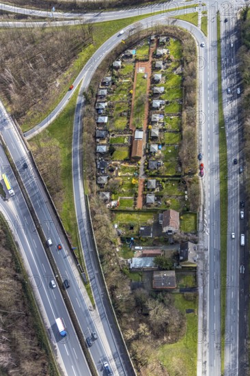 Aerial view, allotment garden association Eigene Scholle between federal road B226 Dorstener Straße and motorway A42, Herne, Ruhr area, North Rhine-Westphalia, Germany, DE, Europe, birds-eyes, view, aerial photograph, aerial photography, aerial photography, overview, overview, bird's eye view, garden, plants, flowers, fruits, crops, fruit, vegetables, recreation, leisure, nature
