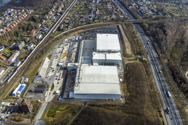 Aerial view, frozen food logistics company Nordfrost on the site of the former colliery Unser Fritz Schacht 1, Herne, Ruhr area, North Rhine-Westphalia, Germany, DE, Europe, birds-eyes, view, aerial photograph, aerial photography, aerial photography, overview, overview, bird's eye view, structural change, former, colliery