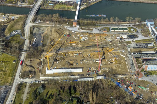 Aerial view, new construction of a gas and steam turbine power plant of STEAG at the coal-fired thermal power station, Herne, Ruhr area, North Rhine-Westphalia, Germany, DE, Europe, birds-eyes, view, aerial photograph, aerial photography, aerial photography, overview, overview, bird's eye view, energy, wind energy, power plant, electricity, power supply, electricity generation, power generation