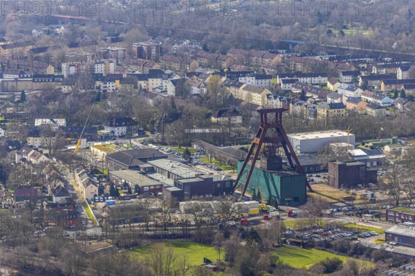 Aerial view, industrial area, former coal mine, double trestle winding tower of the former Pluto colliery in Wanne-Eickel, Herne, Ruhr area, North Rhine-Westphalia, Germany, DE, Europe, birds-eyes, view, aerial photography, aerial photography, overview, overview, bird's eye view, former, industry, industrial culture, industrial history, trade, economy, commercial enterprise, production, trade