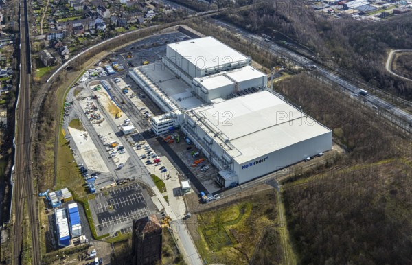 Aerial view, frozen food logistics company Nordfrost on the site of the former colliery Unser Fritz Schacht 1, Herne, Ruhr area, North Rhine-Westphalia, Germany, DE, Europe, birds-eyes, view, aerial photograph, aerial photography, aerial photography, overview, overview, bird's eye view, structural change, former, colliery