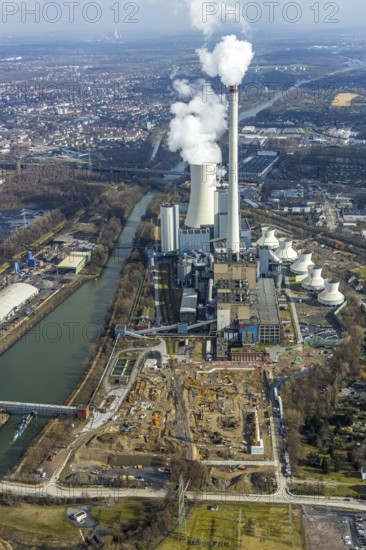 Aerial view, new construction of a gas and steam turbine power plant of STEAG at the coal-fired thermal power station, Herne, Ruhr area, North Rhine-Westphalia, Germany, DE, Europe, birds-eyes, view, aerial photograph, aerial photography, aerial photography, overview, overview, bird's eye view, energy, wind energy, power plant, electricity, power supply, electricity generation, power generation, heating, heat generation