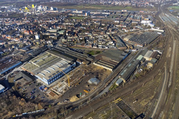 Aerial view, new construction, WDI Westfälische Drahtindustrie AG, Hamm, Ruhr area, North Rhine-Westphalia, Germany, construction work, construction, construction area, construction site, construction crane, construction measure, construction project, construction site, DE, development, Europe, commercial area, commercial use, industrial plants, industrial area, industrial site, capacity requirement, aerial view, aerial photography, aerial photography, new construction, production plants, production halls, overview, bird's eye view, Wilhelmstrasse, birds-eyes view, overview