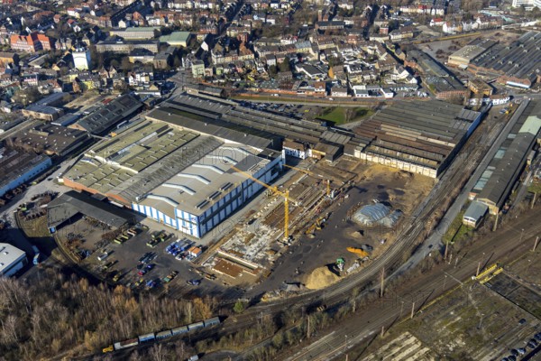 Aerial view, new construction Wilhelmstraße, WDI Westfälische Drahtindustrie AG, Hamm, Ruhr area, North Rhine-Westphalia, Germany, construction work, construction, construction area, construction site, construction crane, construction measure, construction project, construction site, DE, development, Europe, commercial area, commercial use, industrial plants, industrial area, industrial site, capacity requirement, aerial view, aerial photography, aerial photography, new construction, production plants, production halls, overview, bird's eye view, Wilhelmstraße, birds-eyes view, overview