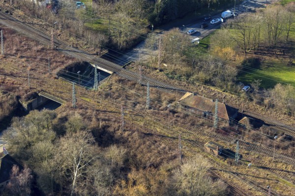 Aerial view, seven bridges, Günterstraße, railway subway, marshalling yard, former signal box, Hamm, Ruhr area, North Rhine-Westphalia, Germany, railway tracks, railway station, DE, Deutsche Bahn AG, Europe, real estate, aerial view, aerial photography, aerial photography, overview, bird's-eye view, living and life, residential buildings, birds-eyes view, overview