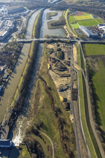 Aerial view, construction area Jupp-Eickhoff-Weg, river Lippe, Datteln-Hamm canal, Hamm, Ruhr area, North Rhine-Westphalia, Germany, construction work, construction area, construction site, building plots, construction project, construction site, DE, development, Europe, capacity requirement, aerial photograph, aerial photography, aerial photography, overview, bird's-eye view, bird's-eye view, overview