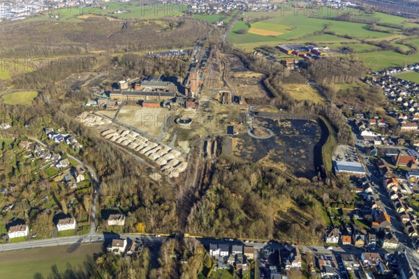 Aerial view, former Ost Heinrich Robert colliery, Wiescherhöfen, Hamm, Ruhr area, North Rhine-Westphalia, Germany, Heinrich Robert colliery, DE, Europe, industrial plant, industrial site, aerial view, aerial photography, aerial photography, overview, bird's-eye view, former Ost colliery, historical, historical site, overview, destroyed building, hammerhead tower, Ost colliery, Ruhrkohle, former