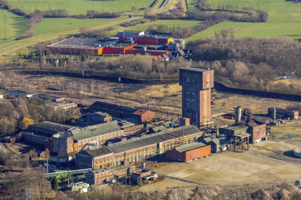 Aerial view, former Ost Heinrich Robert colliery, Wiescherhöfen, Hamm, Ruhr area, North Rhine-Westphalia, Germany, Heinrich Robert colliery, DE, Europe, industrial plant, industrial site, aerial view, aerial photography, aerial photography, overview, bird's-eye view, former Ost colliery, historical, historical site, overview, destroyed building, hammerhead tower, Ost colliery, Ruhrkohle, former