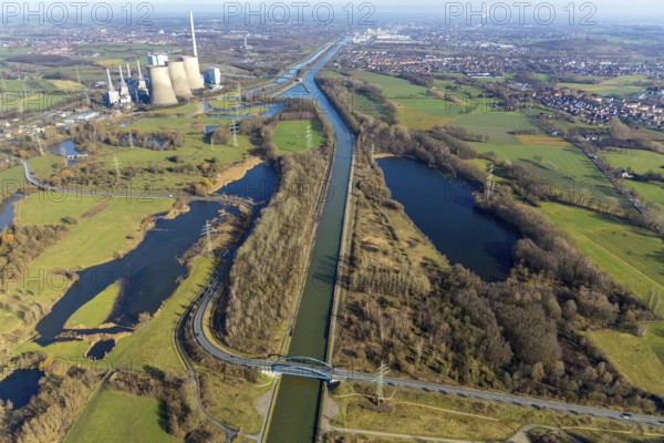 Aerial view, nature reserve Im Brauck und Eckernkamp, RWE Power power plant, bridge Am Tibaum Datteln-Hamm-Kanal, Sandbochum, Hamm, Ruhr area, North Rhine-Westphalia, Germany, bridge, DE, Europe, aerial view, aerial photography, aerial photography, NSG, nature reserve, nature reserve Tibaum, RWE Power AG power plant Gersteinwerk, overview, bird's-eye view, birds-eyes view, overview