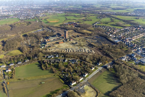 Aerial view, former Ost Heinrich Robert colliery, Wiescherhöfen, Hamm, Ruhr area, North Rhine-Westphalia, Germany, Heinrich Robert colliery, DE, Europe, industrial plant, industrial site, aerial view, aerial photography, aerial photography, overview, bird's-eye view, former Ost colliery, historical, historical site, overview, destroyed building, hammerhead tower, Ost colliery, Ruhrkohle, former