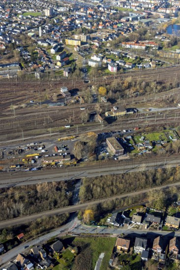 Aerial view, seven bridges, Günterstraße, railway subway, marshalling yard, former signal box, Hamm, Ruhr area, North Rhine-Westphalia, Germany, railway station, railway subway Günterstraße, DE, Deutsche Bahn AG, Europe, aerial photograph, aerial photography, aerial photography, overview, bird's-eye view, bird's-eye view, overview