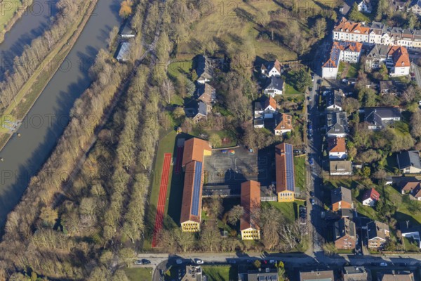 Aerial photo, Theodor-Heuss-Schule, River Lippe, Datteln-Hamm-Canal, Bad Hamm, Hamm, Ruhr area, North Rhine-Westphalia, Germany, education, educational institution, Brändströmstraße, DE, Europe, primary school, educational institute, aerial photo, aerial photography, aerial photography, school, overview, bird's eye view, birds-eyes view, overview