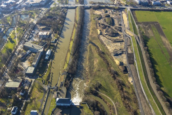Aerial view, construction area Jupp-Eickhoff-Weg, river Lippe, Datteln-Hamm canal, Hamm, Ruhr area, North Rhine-Westphalia, Germany, construction work, construction area, construction site, building plots, construction project, construction site, DE, development, Europe, capacity requirement, aerial photograph, aerial photography, aerial photography, overview, bird's-eye view, bird's-eye view, overview