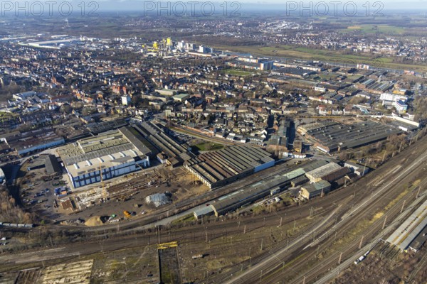 Aerial view, new construction, WDI Westfälische Drahtindustrie AG, Hamm, Ruhr area, North Rhine-Westphalia, Germany, construction work, construction, construction area, construction site, construction crane, construction measure, construction project, construction site, DE, development, Europe, commercial area, commercial use, industrial plants, industrial area, industrial site, capacity requirement, aerial view, aerial photography, aerial photography, new construction, production plants, production halls, overview, bird's eye view, Wilhelmstrasse, birds-eyes view, overview