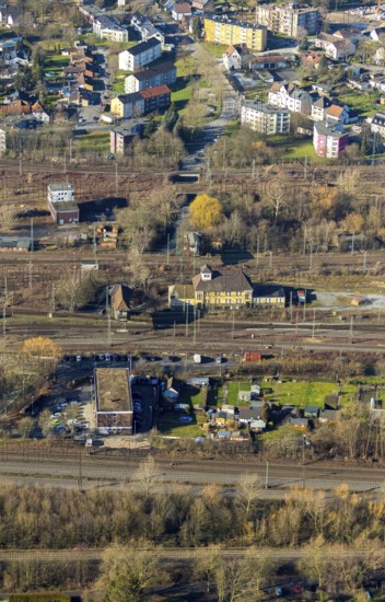 Aerial view, seven bridges, Günterstraße, railway subway, marshalling yard, former signal box, Hamm, Ruhr area, North Rhine-Westphalia, Germany, railway station, railway subway Günterstraße, DE, Deutsche Bahn AG, Europe, aerial photograph, aerial photography, aerial photography, overview, bird's-eye view, bird's-eye view, overview