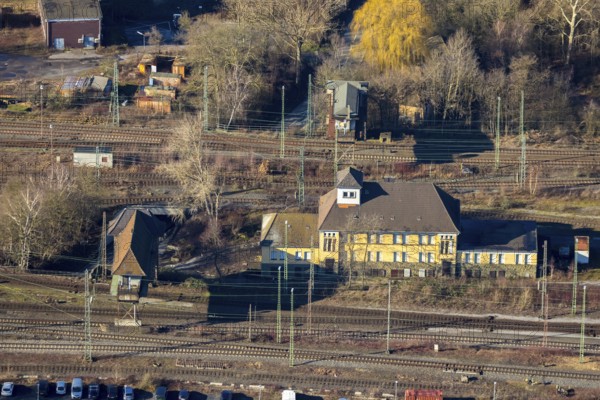Aerial view, seven bridges, Günterstraße, railway subway, marshalling yard, former signal box, Hamm, Ruhr area, North Rhine-Westphalia, Germany, railway station, railway subway Günterstraße, DE, Deutsche Bahn AG, Europe, aerial photograph, aerial photography, aerial photography, overview, bird's-eye view, bird's-eye view, overview
