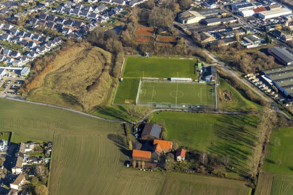 Aerial view, sports field TuS Germania Lohauserholz-Daberg, Hamm, Ruhr area, North Rhine-Westphalia, Germany, Am Hahnenbach, Auf dem Daberg, DE, Europe, football field, football club, aerial view, aerial photography, aerial photography, sports, sports facilities, sports field, sports venue, stadium, overview, bird's-eye view, overview
