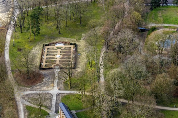 Aerial view, Gradierwerksgarten im spa garden Hamm, Bad Hamm, Hamm, Ruhr area, North Rhine-Westphalia, Germany, DE, Europe, garden, Hortus conclusus, monastery garden, spa garden Bad Hamm, aerial view, aerial photography, aerial photography, paradise garden, overview, bird's-eye view, birds-eyes view, overview