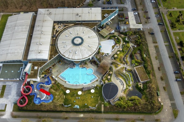Aerial view, Maximare Erlebnistherme, adventure pool, Bad Hamm, Hamm, Ruhr area, North Rhine-Westphalia, Germany, DE, Europe, outdoor pool, leisure facility, leisure pool, leisure activities, leisure park, leisure centre, aerial view, aerial photography, aerial photography, pool, swimming pool, swimming pool, overview, bird's-eye view, overview