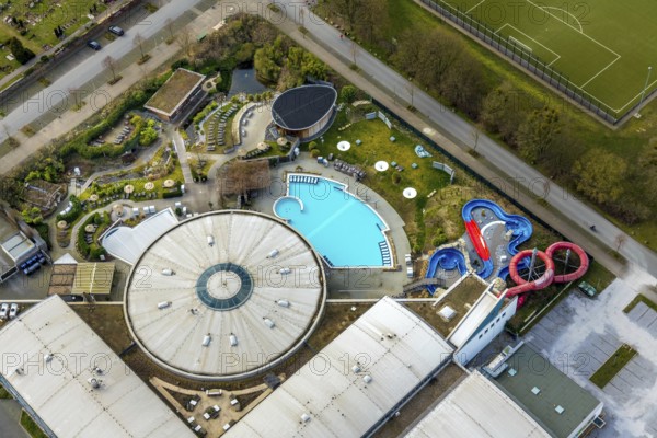 Aerial view, Maximare Erlebnistherme, adventure pool, Bad Hamm, Hamm, Ruhr area, North Rhine-Westphalia, Germany, DE, Europe, outdoor pool, leisure facility, leisure pool, leisure activities, leisure park, leisure centre, aerial view, aerial photography, aerial photography, pool, swimming pool, swimming pool, overview, bird's-eye view, overview