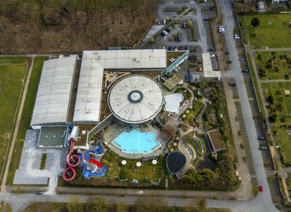 Aerial view, Maximare Erlebnistherme, adventure pool, Bad Hamm, Hamm, Ruhr area, North Rhine-Westphalia, Germany, DE, Europe, outdoor pool, leisure facility, leisure pool, leisure activities, leisure park, leisure centre, aerial view, aerial photography, aerial photography, pool, swimming pool, swimming pool, overview, bird's-eye view, overview