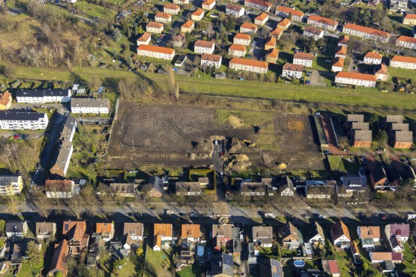 Aerial view, residential area at Herringer Bach, former Bolsplatz Diesterwegstraße, construction area, Herringen, Hamm, Ruhr area, North Rhine-Westphalia, Germany, construction work, construction vehicles, construction site, building plots, construction project, construction site, DE, Datteln-Hamm canal, Europe, river Lippe, property tax, real estate, capacity requirements, aerial view, aerial photography, aerial photography, overview, bird's eye view, residential area, living and living, residential area, residential buildings, housing estate, birds-eyes view, overview