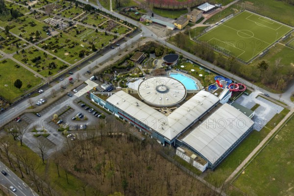 Aerial view, Maximare Erlebnistherme, adventure pool, Bad Hamm, Hamm, Ruhr area, North Rhine-Westphalia, Germany, DE, Europe, outdoor pool, leisure facility, leisure pool, leisure activities, leisure park, leisure centre, aerial view, aerial photography, aerial photography, pool, swimming pool, swimming pool, overview, bird's-eye view, overview