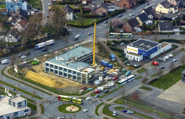Aerial view, construction site new building Sparkasse Hamm, Rhynerberg Werler Straße, Hamm, Ruhr area, North Rhine-Westphalia, Germany, construction work, construction area, construction site, building plots, construction crane, construction measure, construction project, construction site, DE, development, Europe, commercial buildings, capacity requirement, aerial view, aerial photography, aerial photography, new building, overview, bird's-eye view, bird's-eye view, overview