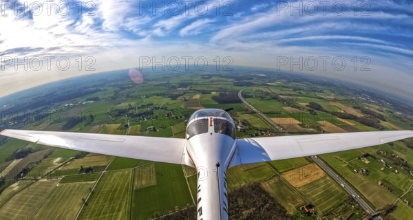 Aerial photo, Hamm-Uentrop, fisheye picture, view over the aeroplane, flight over fields, Frielinghausen, Hamm, Ruhr area, North Rhine-Westphalia, Germany, DE, Europe, birds-eyes, view, aerial photograph, aerial photography, aerial photography, overview, bird's-eye view