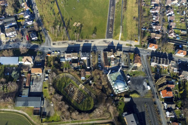 Aerial view, Barbara-Stadion, Ulu Mosque, Herringen, Hamm, Ruhr area, North Rhine-Westphalia, Germany, DE, Dortmunder Straße, Europe, religious community, aerial view, aerial photography, aerial photography, religion, roller hockey, SK Germania Herringen e.V., sports, sports facilities, sports field, sports facility, stadium, overview, bird's eye view, bird's eye view, overview