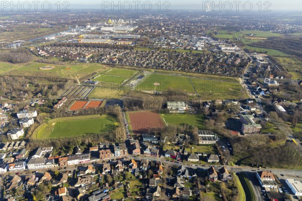 Aerial view, Glück-Auf-Stadion, Lippepark Hamm - Schacht Franz, Herringen, Hamm, Ruhr area, North Rhine-Westphalia, Germany, DE, Dortmunder Straße, Europe, Fritz-Husemann-Straße, Glückauf sports hall, aerial view, aerial photography, aerial photography, overview, bird's-eye view, residential area, birds-eyes view, overview