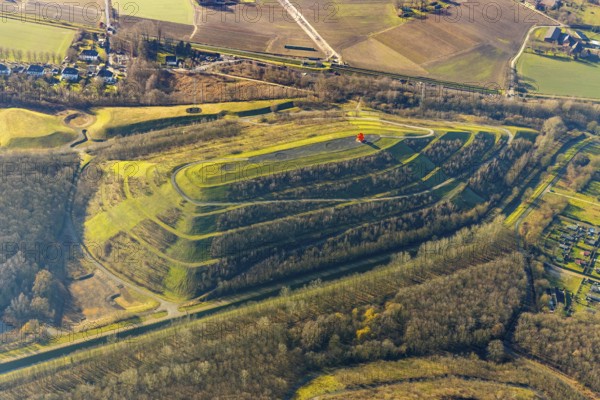 Aerial view, Kissinger Höhe, slag heap, Hamm, Ruhr area, North Rhine-Westphalia, Germany, spoil tip, DE, Europe, distant view, slag heap, slag heap landscape, slag heap sign, aerial photograph, aerial photography, aerial photography, park, tower, overview, bird's eye view, forest area, birds-eyes view, former Ost colliery, overview
