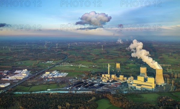 Aerial view, RWE power plant Westfalen, Schmehausen, power plant shutdown, Uentrop, Hamm, Ruhr area, North Rhine-Westphalia, Germany, Welver, DE, Europe, birds-eyes view, aerial photography, aerial photography, overview, overview, bird's eye view, former THTR, nuclear power plant, nuclear power plant, fossil energy, coal-fired power plant, cooling tower, landscape, emission, pollution, smoke cloud, evening sun, night shot, twilight shot, Hamm at night