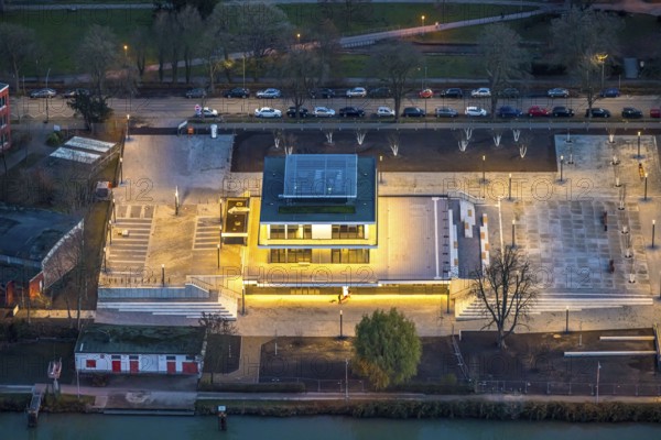 Aerial view, water sports centre and the adjacent lock area, rowing club, water sports club, centre, Hamm, Ruhr area, North Rhine-Westphalia, Germany, DE, Europe, birds-eyes view, aerial view, aerial photography, aerial photography, overview, bird's eye view, club fusion, night shot, twilight shot, Hamm at night