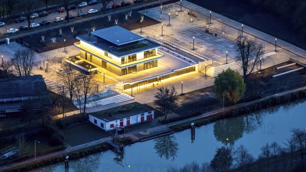 Aerial view, water sports centre and the adjacent lock area, rowing club, water sports club, centre, Hamm, Ruhr area, North Rhine-Westphalia, Germany, DE, Europe, birds-eyes view, aerial view, aerial photography, aerial photography, overview, bird's eye view, club fusion, night shot, twilight shot, Hamm at night