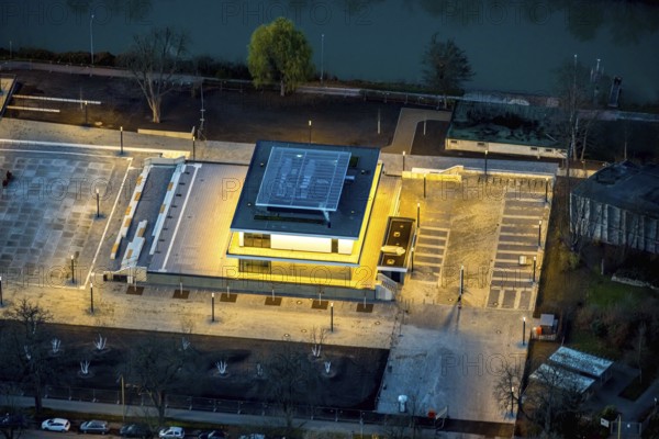 Aerial view, water sports centre and the adjacent lock area, rowing club, water sports club, centre, Hamm, Ruhr area, North Rhine-Westphalia, Germany, DE, Europe, birds-eyes view, aerial view, aerial photography, aerial photography, overview, bird's eye view, club fusion, night shot, twilight shot, Hamm at night