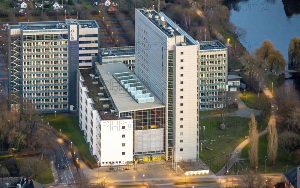 Aerial photo, OLG, Hamm Higher Regional Court, Hamm Public Prosecutor's Office, twilight photo, centre, Hamm, Ruhr area, North Rhine-Westphalia, Germany, DE, Europe, birds-eyes view, aerial photo, aerial photography, aerial photography, overview, overview, bird's eye view, night photo, twilight photo, Hamm at night