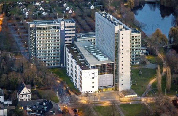 Aerial photo, OLG, Hamm Higher Regional Court, Hamm Public Prosecutor's Office, twilight photo, centre, Hamm, Ruhr area, North Rhine-Westphalia, Germany, DE, Europe, birds-eyes view, aerial photo, aerial photography, aerial photography, overview, overview, bird's eye view, night photo, twilight photo, Hamm at night