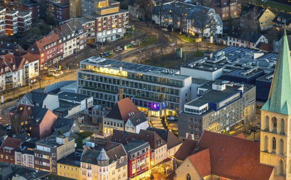 Aerial view, Press House Hamm, Westfälischer Anzeiger, editorial office building, Lippewellle Hamm editorial office, St Paul's Church, centre, Hamm, Ruhr area, North Rhine-Westphalia, Germany, DE, Europe, birds-eyes view, aerial photography, aerial photography, overview, overview, bird's eye view, night shot, twilight shot, Hamm at night