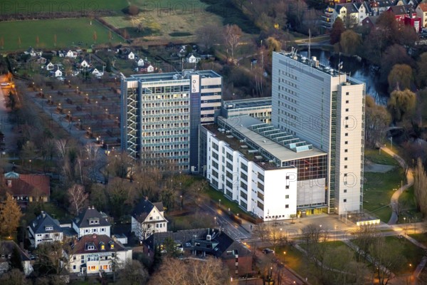Aerial photo, OLG, Hamm Higher Regional Court, Hamm Public Prosecutor's Office, twilight photo, centre, Hamm, Ruhr area, North Rhine-Westphalia, Germany, DE, Europe, birds-eyes view, aerial photo, aerial photography, aerial photography, overview, overview, bird's eye view, night photo, twilight photo, Hamm at night